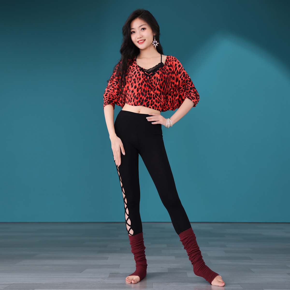 Dancer belly dance suit sexy leopard print jacket pants dance beginners practice class clothes 275 320