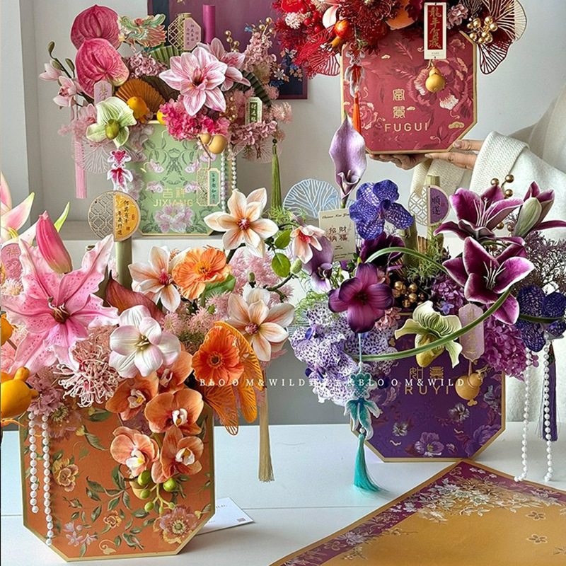 Picture of High-End Dragon Year New Model New Year's Eve Flower Premium Octagonal Box Fortune Bucket Housewarming Gift Chinese Style Embroidered Gift Box with Flowers