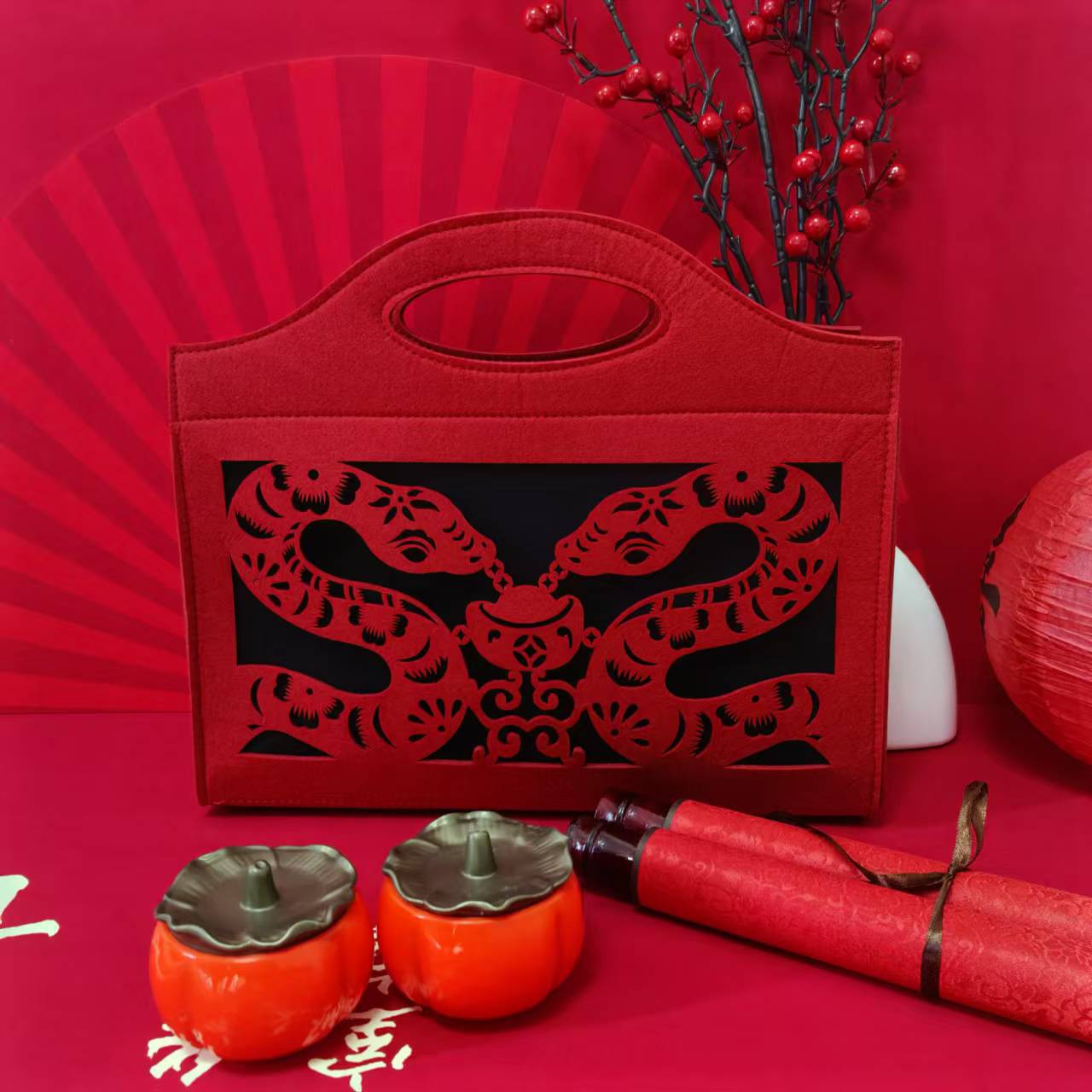 2025 New Year Felt Bag Hand Gift Packaging Bag Year of the Snake Gift Bag Advanced Sense Creative Hollow Out Handbag
