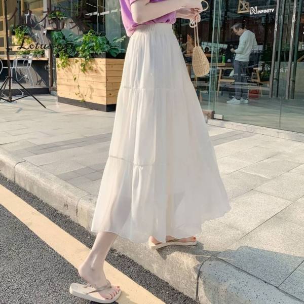 Pearl chiffon fabric skirt fairy Super fairy Mori 2024 Summer mid-length cake skirt high waist