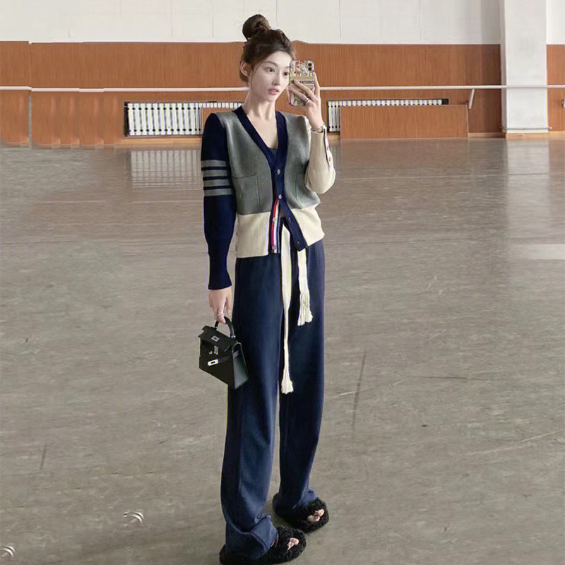 Spring 2025 TikTok Explosions TB High-end Atmospheric Sweater Casual Straight Wide Leg Pants Women Fashion suit Women