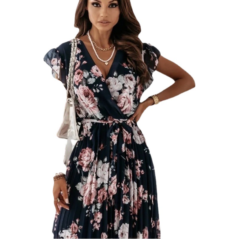 Dress Summer New Style Women's Ebay Amazon Wish Popular Fluttering Sleeves Waist Floral Pleated Skirt 1668