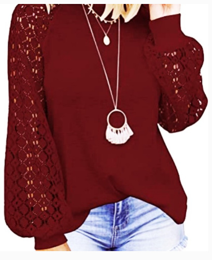 Picture of 2025 New Women's Clothing Amazon Cross-Border Round Neck Long Sleeve Lace Patchwork Loose Top for Women