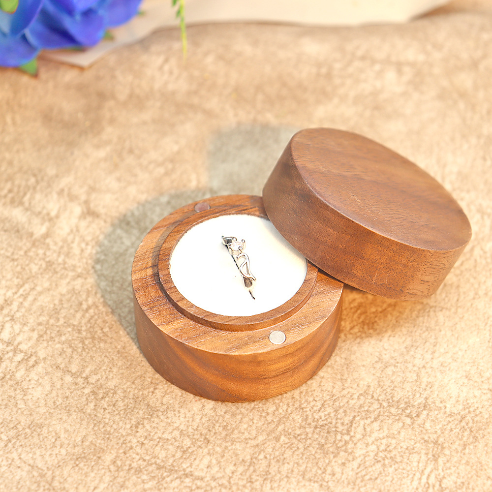 Picture of Jewelry Box Creative Solid Wooden Ring Box Jewelry Storage Box Round Fashion Wooden Black Walnut Gift Box