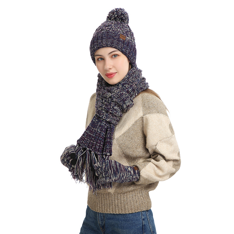 Picture of Winter Hat New Style Knitted Wool European and American Cross-Border Color Hat Thickened Scarf Touch Screen Gloves Three-Piece Set