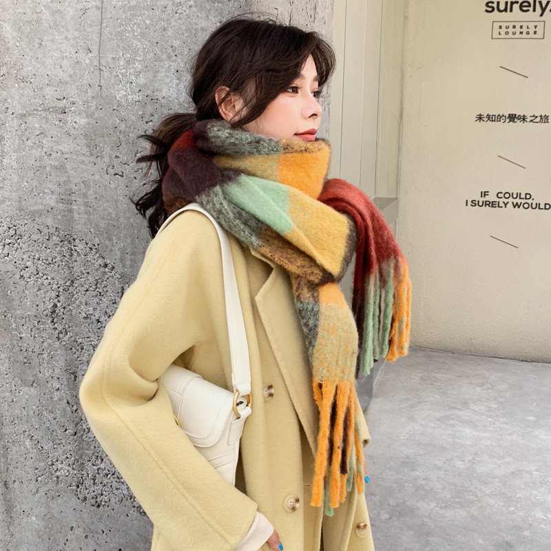 Picture of Winter monochrome plush heavy weight soft fluffy lazy wind solid color large pulled wool warm scarf for students couple