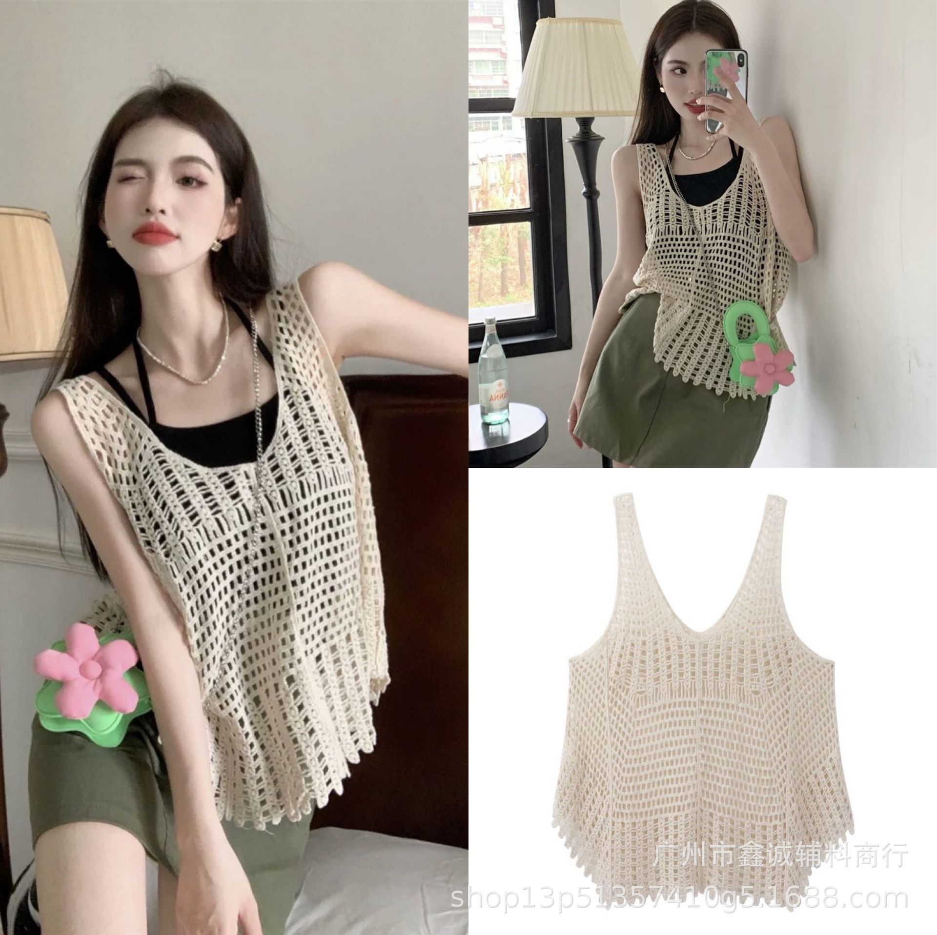 Summer crocheted hollow-out knitted vest women's loose design sense niche age-reducing versatile chic small shirt V-neck top