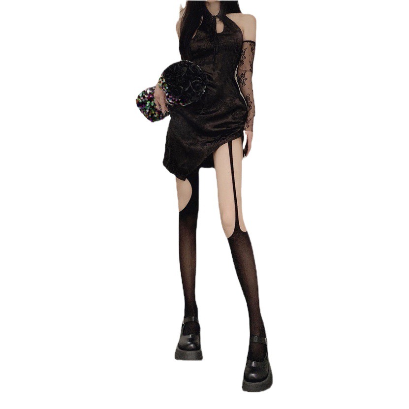 Asymmetric sling black stockings women's sexy ripped hollow fishnet socks summer thin pure white silk pantyhose