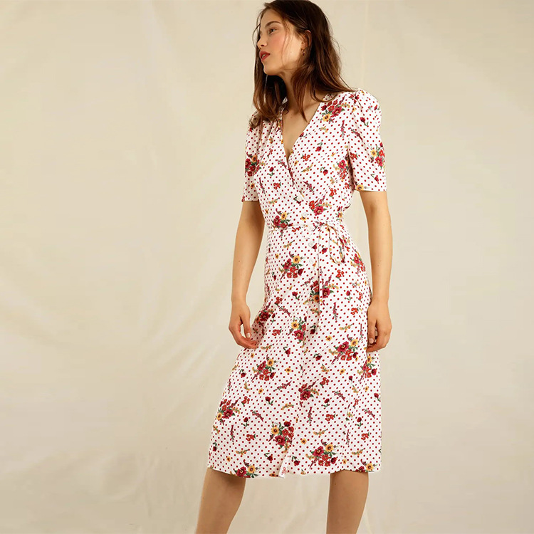 Picture of Spot 114# Zhang Jiani with summer new 2022 printed floral vintage tea break skirt French short sleeve V collar