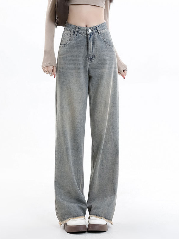 Retro Nostalgic Blue Wide Leg Jeans Women's 2025 New High Waist Slim Raw Edge Design Straight-Leg Floor-Mopping Pants