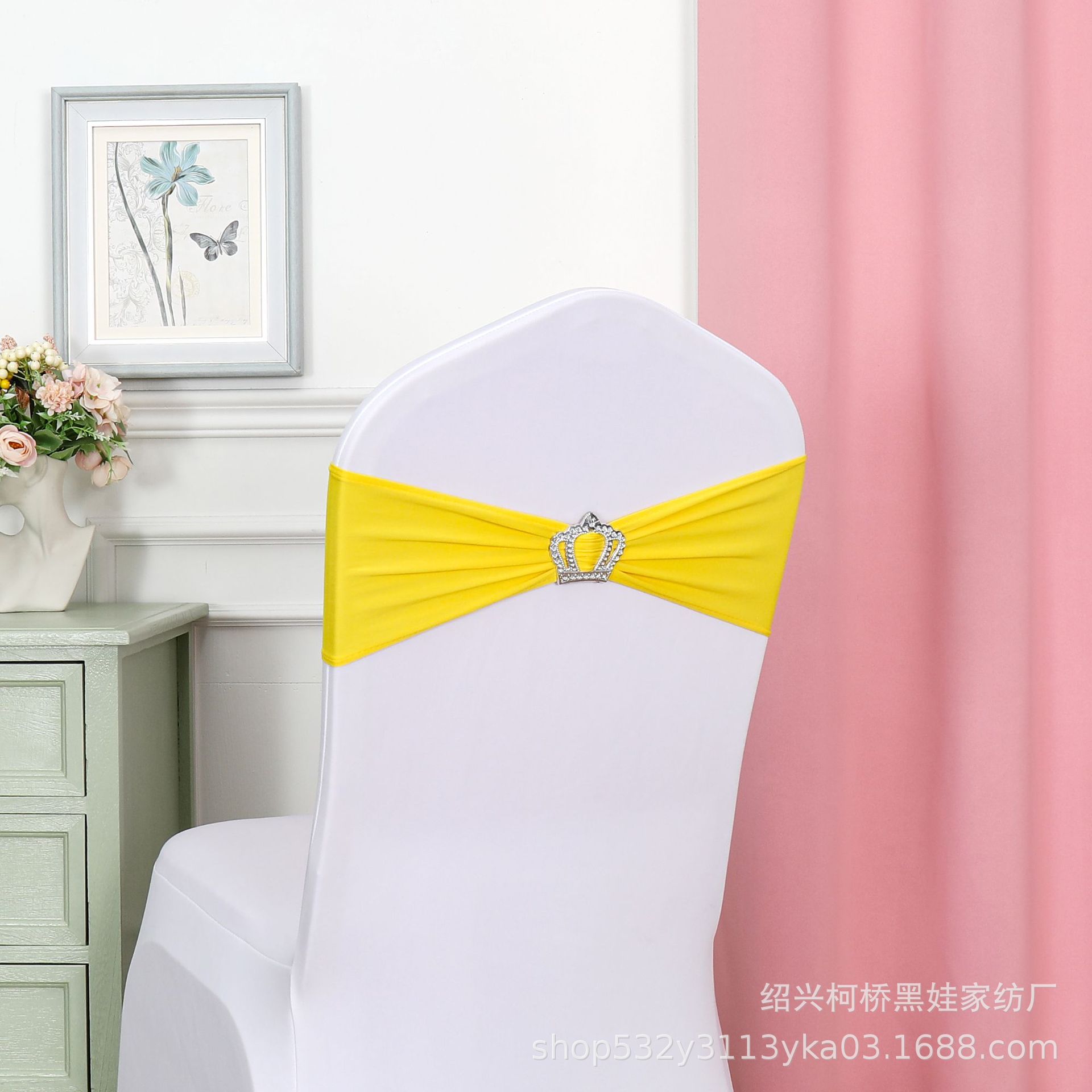 Picture of Chair Back Flower Bow Crown Diamond Buckle Elastic Banquet Chair Set Decoration Free Wedding Strap Ribbon Wedding Ribbon