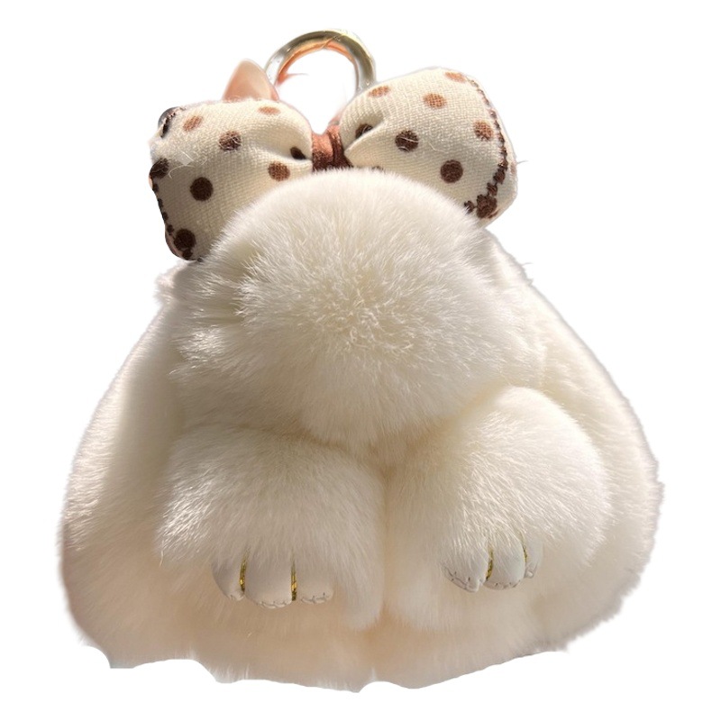 Cute Real Rex Rabbit Hair Bow Bunny Car Keychain Pendant ins Plush Doll School Bag Pendant