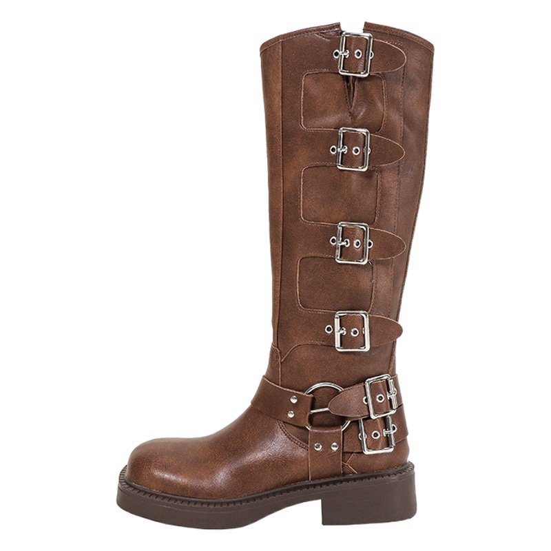 Miaojia Genuine Leather fleece-lined Knight Boots Women's Fall 2023 New Buckle Western Cowboy Boots Maillard Boots