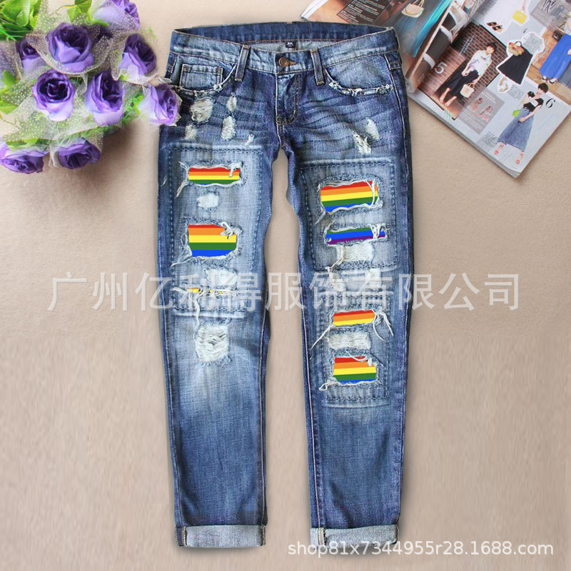 Picture of 2022 Women's Wear Rapped Rainbow Tape Summer Casual Mid-Waist Straight Pants European and American Cross-Border Washed Denim Pants Women