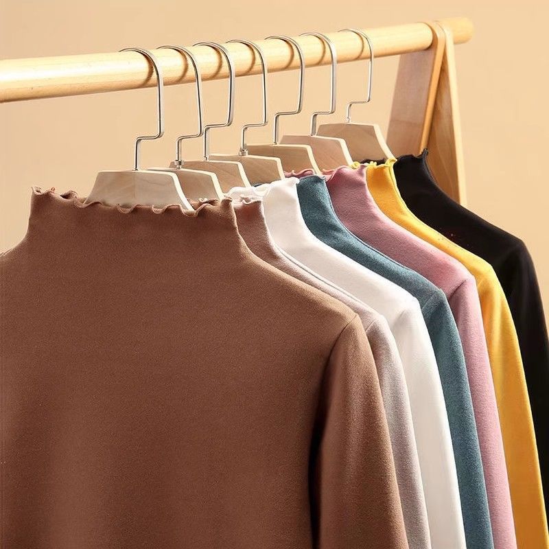 German velvet bottoming shirt women's autumn and winter 2024 new wooden ear long sleeve T-shirt half high collar warm jacket