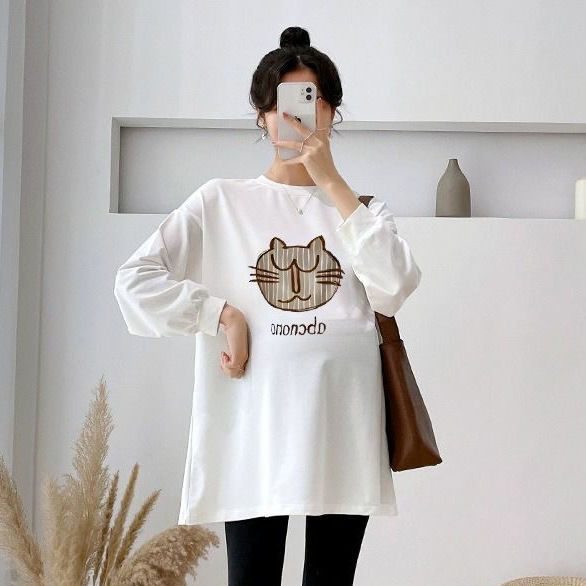 Picture of Trendy pregnant mother autumn cotton long-sleeved T-shirt 2023 plus size loose Korean style white drawstring mid-length bottoming shirt T-shirt