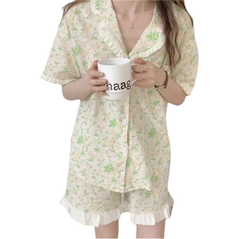 ins Japanese Style Sweet Ruffled Floral Pajamas Two-piece Suit Thin Summer New Short-sleeved Shorts Home Clothes for Women