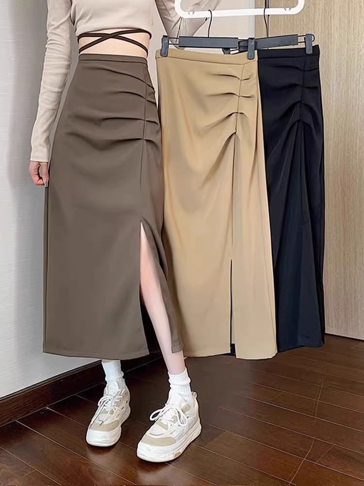2024 New High Waist Slimming One-Step Skirt Design Split Mid-Length A- Line Skirt Fashion Korean Style Hip Bag Skirt