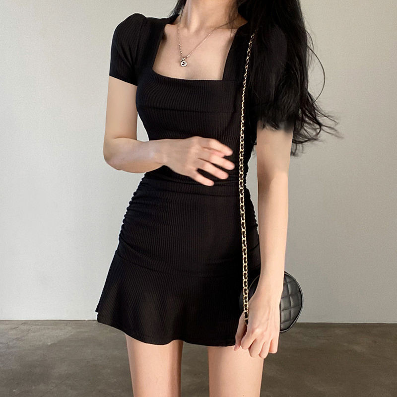 Pure Desire Spice Girl A- line Square Collar dress Women's Summer Pleated Fishtail Skirt Waist Slimming Hip Skirt Small Black Skirt