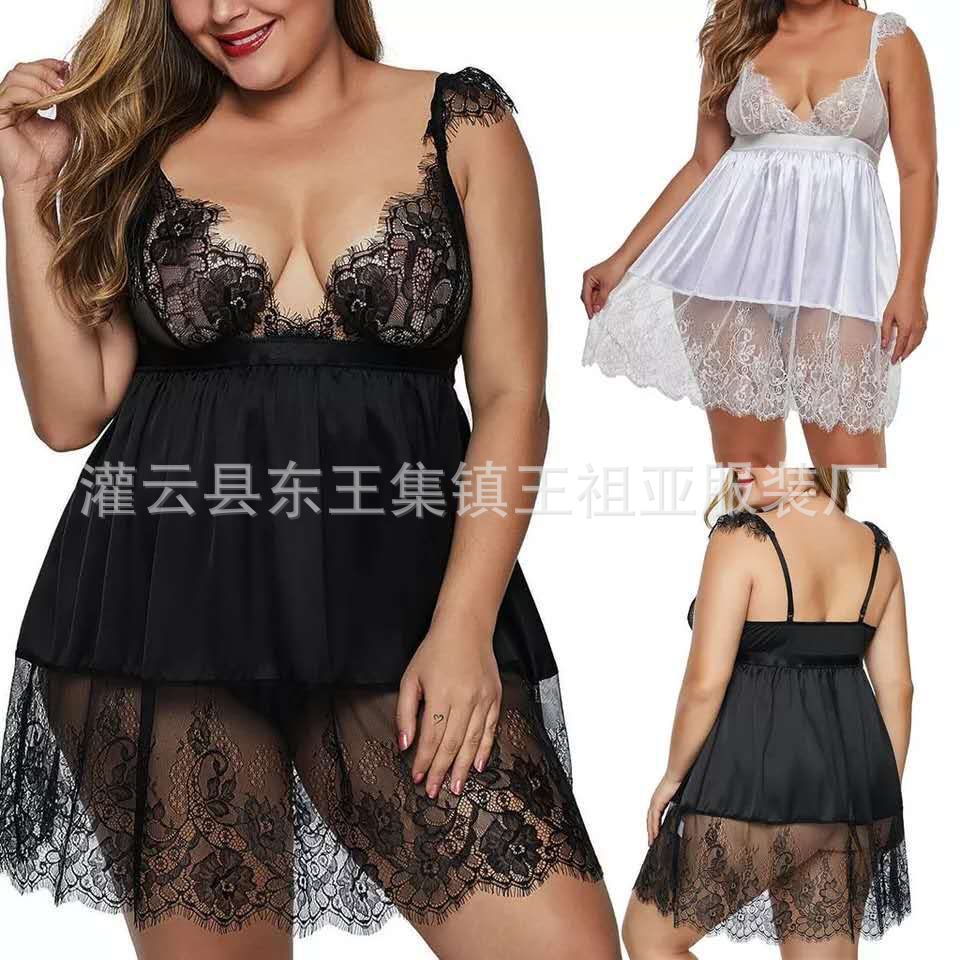 European and American Foreign Trade Cross-border Sexy Deep V Plus Size Fat MM Lace Sling Dress Lingerie