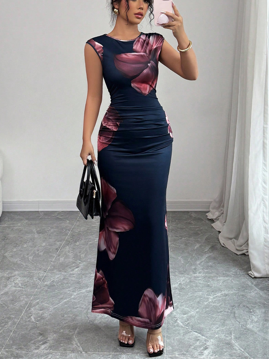 Ruihu 2025 Cross-Border Export European and American Slim Printed Dress Sleeveless One-Step Skirt Dress Hip-Covering Long Skirt Women's Clothing