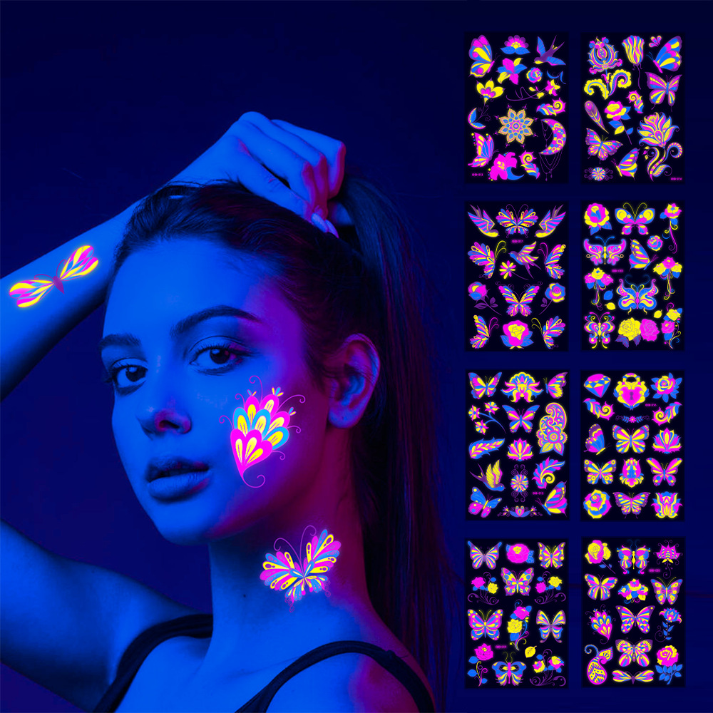 European and American Cross-border Fluorescent Butterfly Face Tattoo Sticker Nightclub Bar Rose Sticker Flower Arm Waterproof Environmental Protection Tattoo Sticker