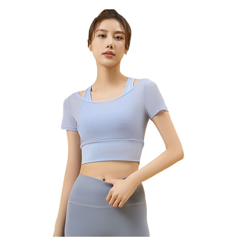 Juyitang Mesh Sports Short-Sleeved with Chest Pads Nude High-Elastic Outdoor Running Yoga Clothes Short-Sleeved Women's Summer