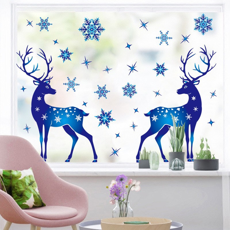 Cross-border Hot Sale Christmas Blue Snowflake Elk Electrostatic Sticker Christmas Snowflake Sticker Glass Window Decoration Sticker