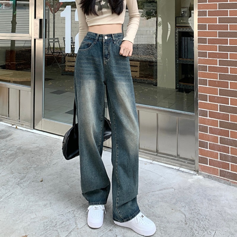 Vintage Jeans Women's Autumn and Winter Petite Niche Design Sense Pear-Shaped Body Loose Straight Long Trendy Pants