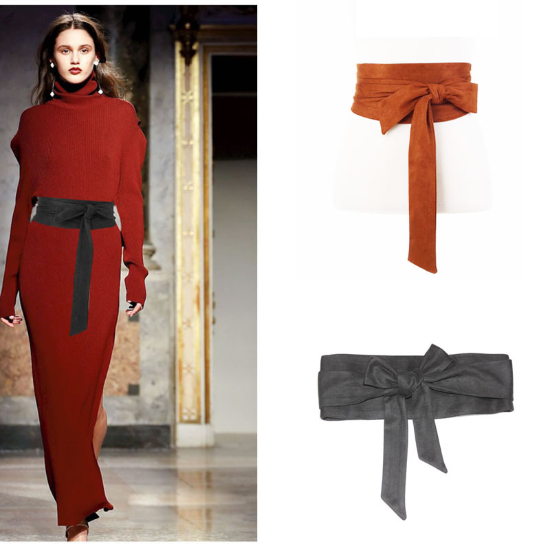 Cloth Belt for Women, Wide Waistband, Suede, Retro, Versatile, Tie-Up, Bow, Double Loop, Cross-Border Supply