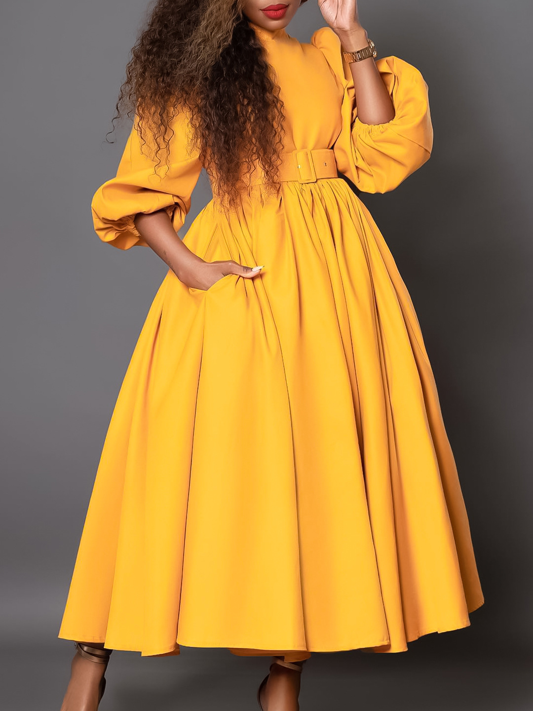 D491 Amazon Women's Winter New Half-High Collar Long-Sleeved Waist-Cinching Elegant Waist Slimming Look Large Swing Export Dress