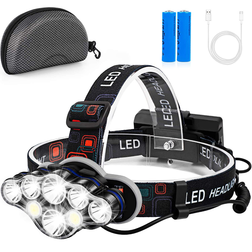 Cross-border hot USB charging 8LED strong light T6 headlamp outdoor multi-functional camping night fishing waterproof COB headlamp