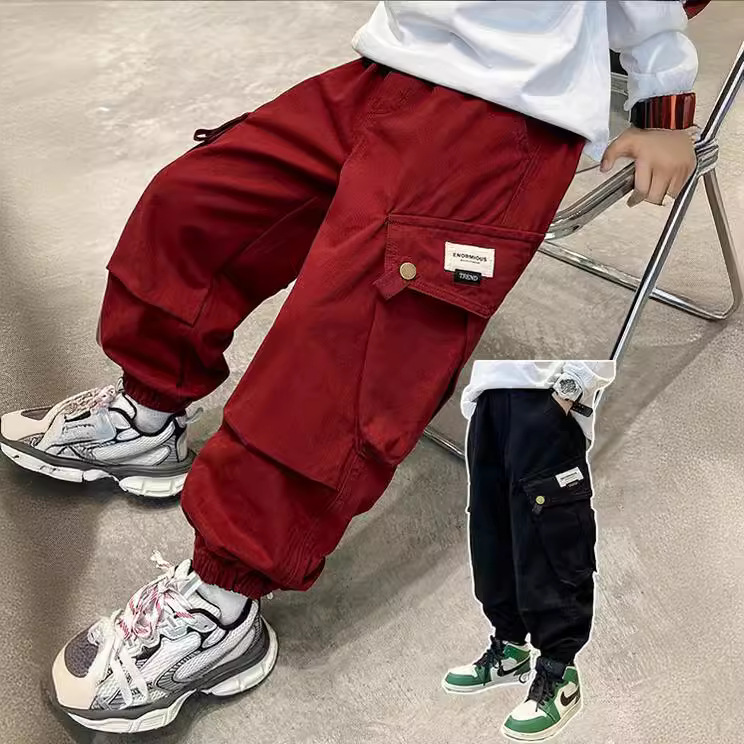 Boys' fleece-lined thickened pants winter 2024 new children's winter overalls boys' casual pants fashionable trousers