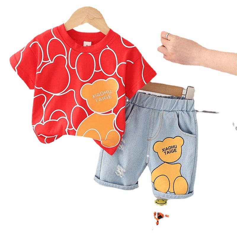 Foreign trade children's clothing summer new boys and girls baby infant printed T-shirt short sleeve Denim shorts two-piece set