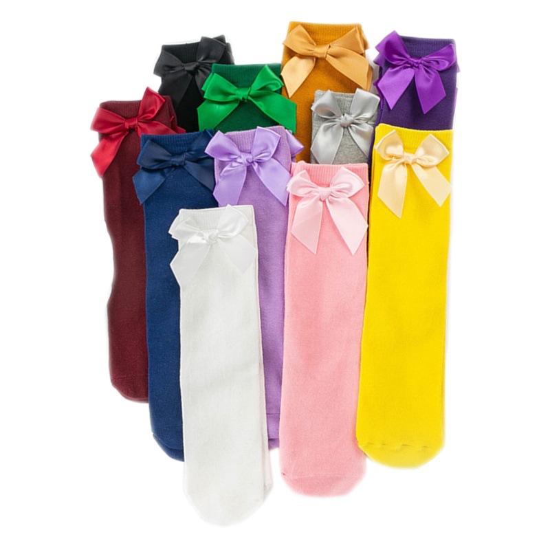 Children's Mid-Calf Socks, Solid Color Bowknot, Suitable for Both Small and Large Children, Slouch Socks That Can Be Worn Front or Back, Straight Tube, No Heel Socks for Girls