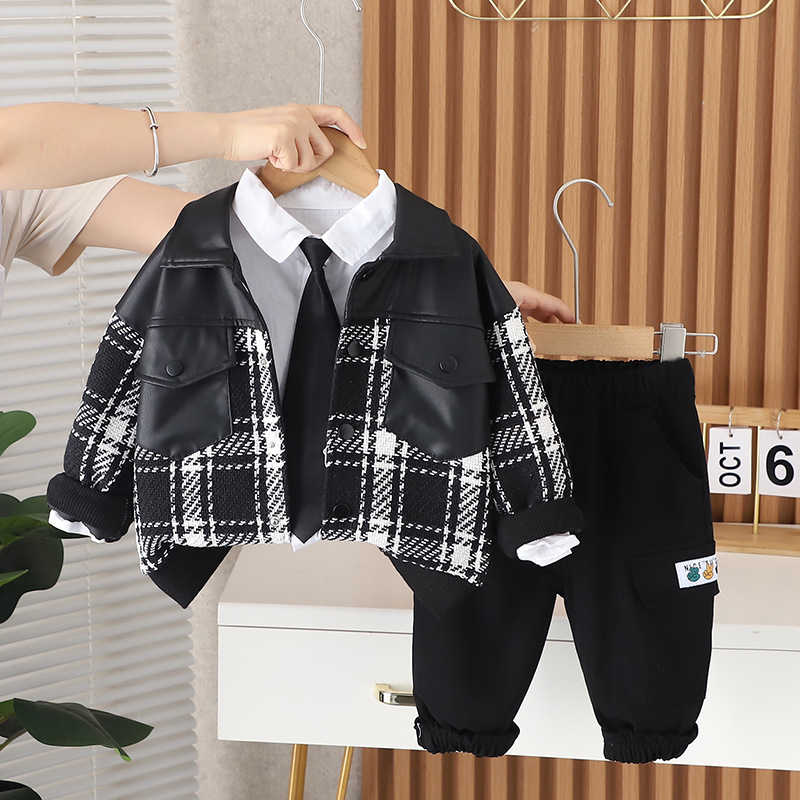 Trendy Long-sleeved Three-piece Set for Foreign Trade Boys Korean Autumn Fashion Street Stitching Plaid Tie Long-sleeved suit Trendy