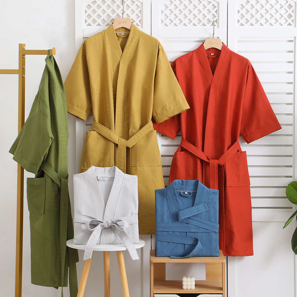 Cross-border cotton single-layer yarn bathrobe spring and summer seven-point sleeve long bathrobe lovers home clothing a generation of hair