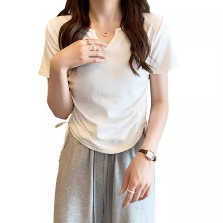 Picture of Designed V-Neck Drawstring Slim-Fit Pure Desire Style Short-Sleeve T-Shirt for Women, 2025 Summer New Solid Color Student Top Trendy