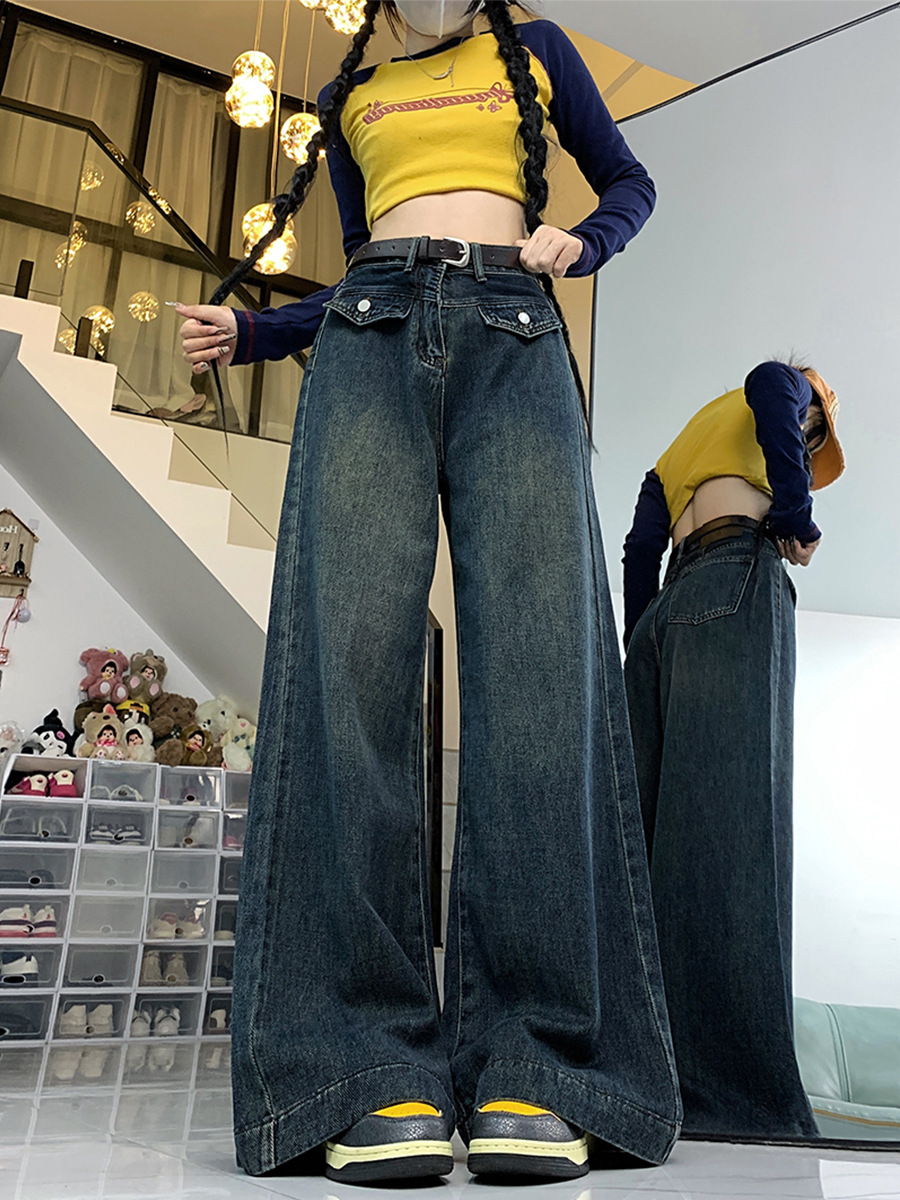 Vintage plus size Chubby Girl Straight Leg Jeans Women's Autumn and Winter Design Sense High Waist Slimming Loose Wide Leg Pants