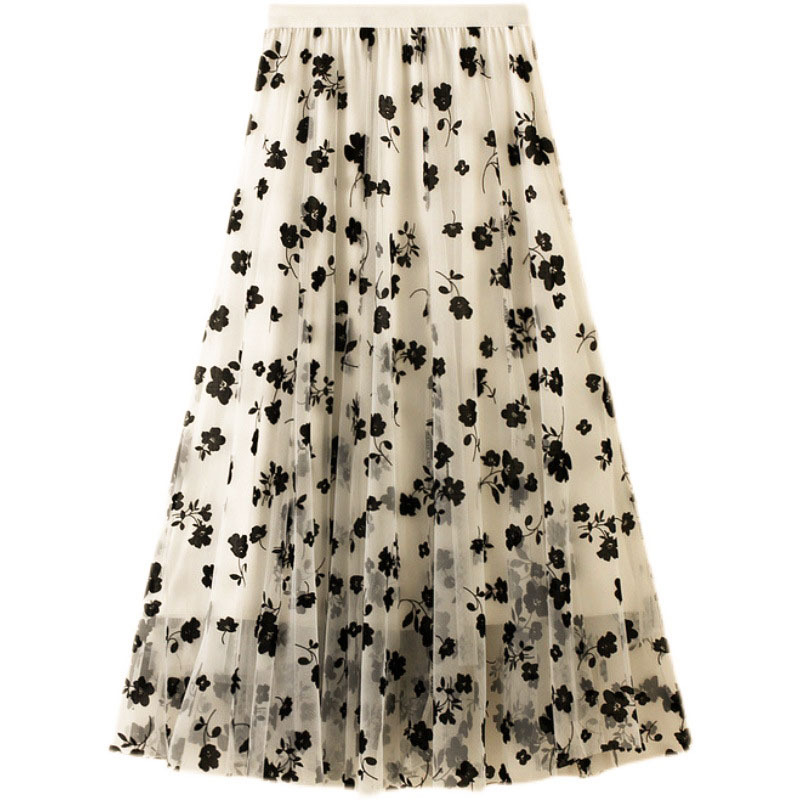 Picture of Double-sided Flocking Mesh Skirt Women's Slimming Mid-length New Spring High Waist A- line Skirt Pleated Skirt Large Swing