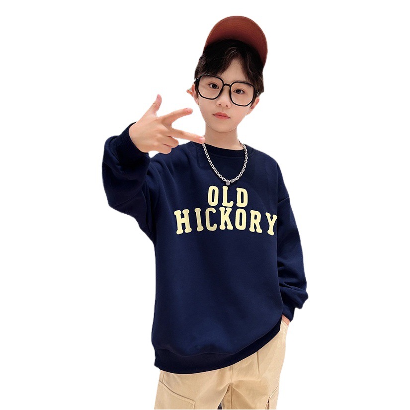 Real Shot Autumn and Winter Fleece-lined Boys' Sweatshirt Long-sleeved Loose Cartoon Printed Round Neck Handsome Mid-large Children's Spring and Autumn Top