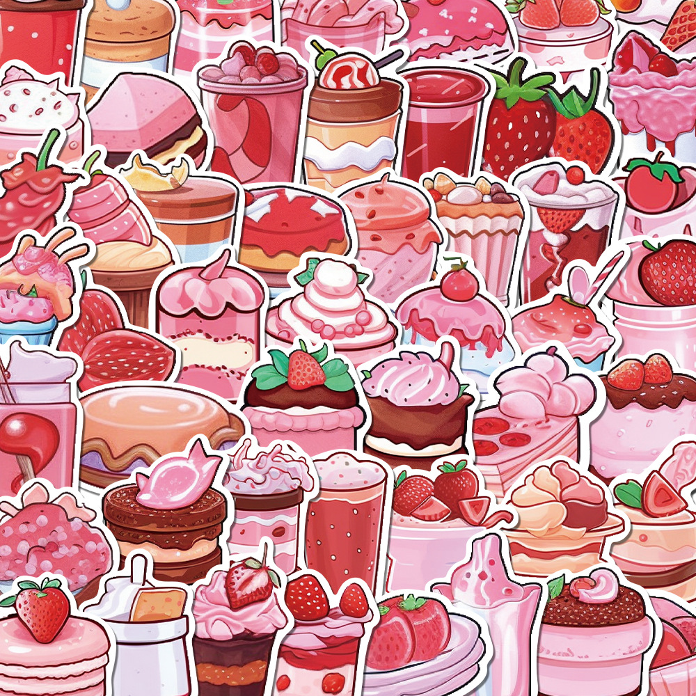 Picture of 50 pieces cross-border dessert stickers cartoon graffiti cake milkshake decoration Cup computer luggage pink stickers