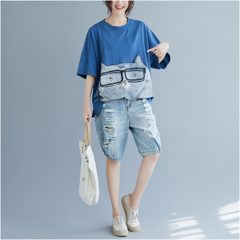 Picture of Small Fresh Plus Size Women's Clothing Cute Cartoon Print T-Shirt 2024 Fat mm Loose and Comfortable Simple Round Neck Top Summer