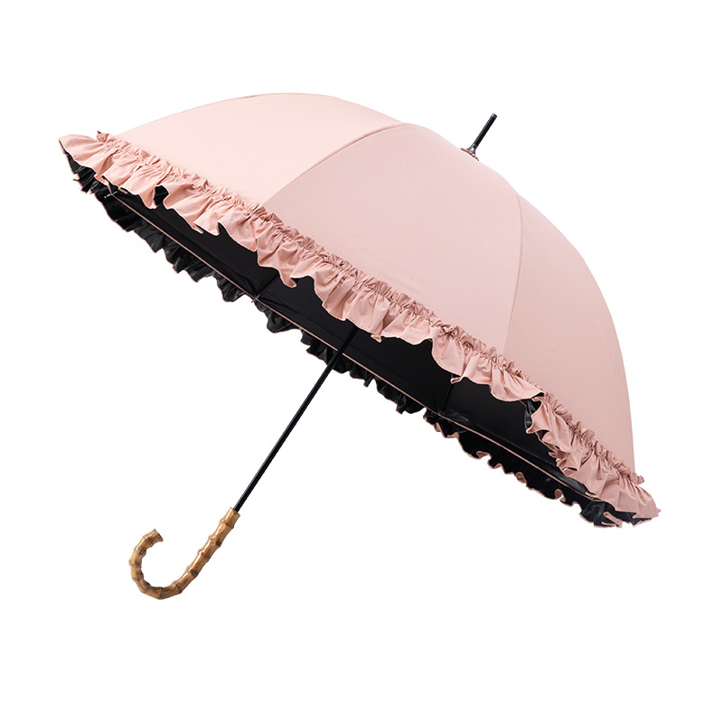 Picture of Large Lace Vinyl Sun Protection Umbrella Anti-Uv Parasol Bamboo Curved Handle Straight Umbrella Manual Sunny Umbrella Wholesale