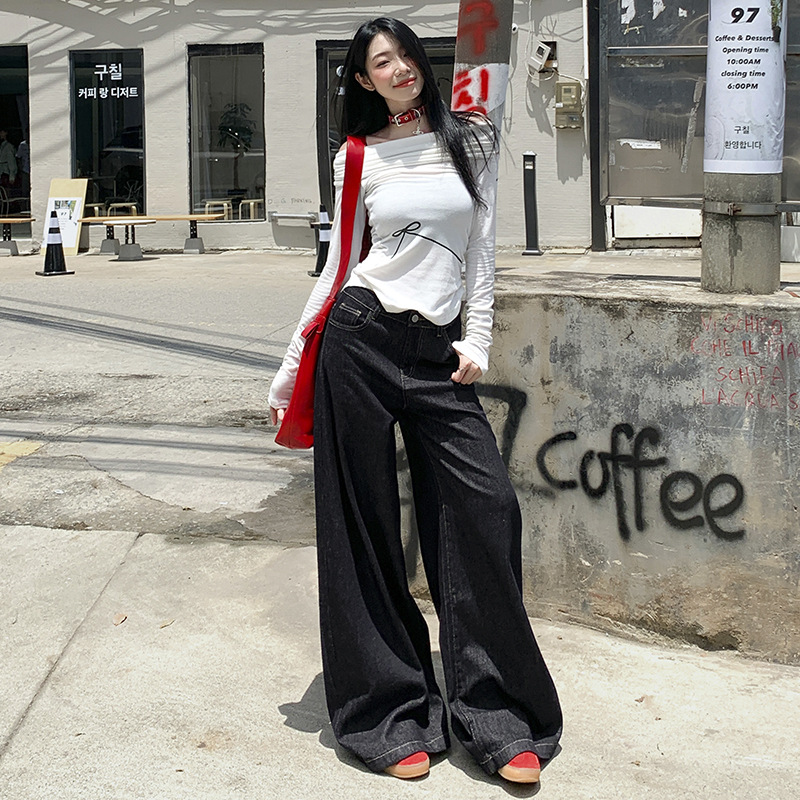 American Style High Street dark blue Wide Leg Jeans Women's Autumn 2024 New High Waist Straight Loose Slim Look Mop Pants