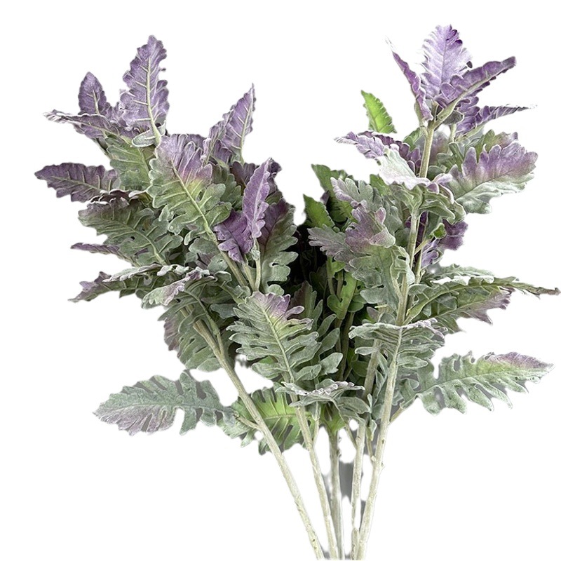 Flocking silver leaf grass silver leaf chrysanthemum artificial plant with flower accessories plastic leaf artificial leaf plant wall rabbit grass