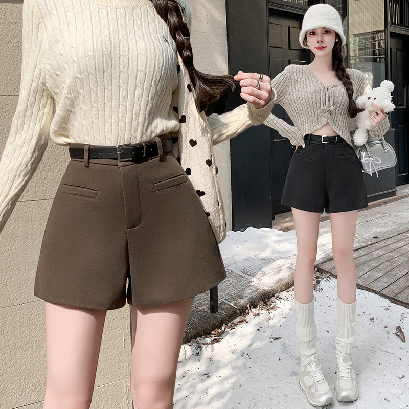 Real Shot Woolen Shorts Women's Autumn and Winter Slimming Wide Leg Pants High Waist Woolen Boots Pants
