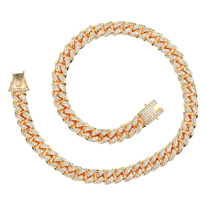 European and American Alloy Full Diamond 12mm Round Chain Full Diamond Clasp Necklace Hip-Hop Cross-Border Wholesale Cool High-Quality Cuban Chain