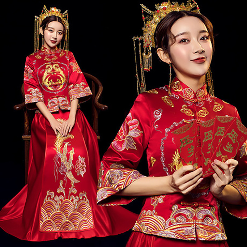 Embroidered Red Xiuhe dress Princess wedding Chinese style half sleeve suit dragon and phoenix skirt back door banquet hall exhibition thin spring