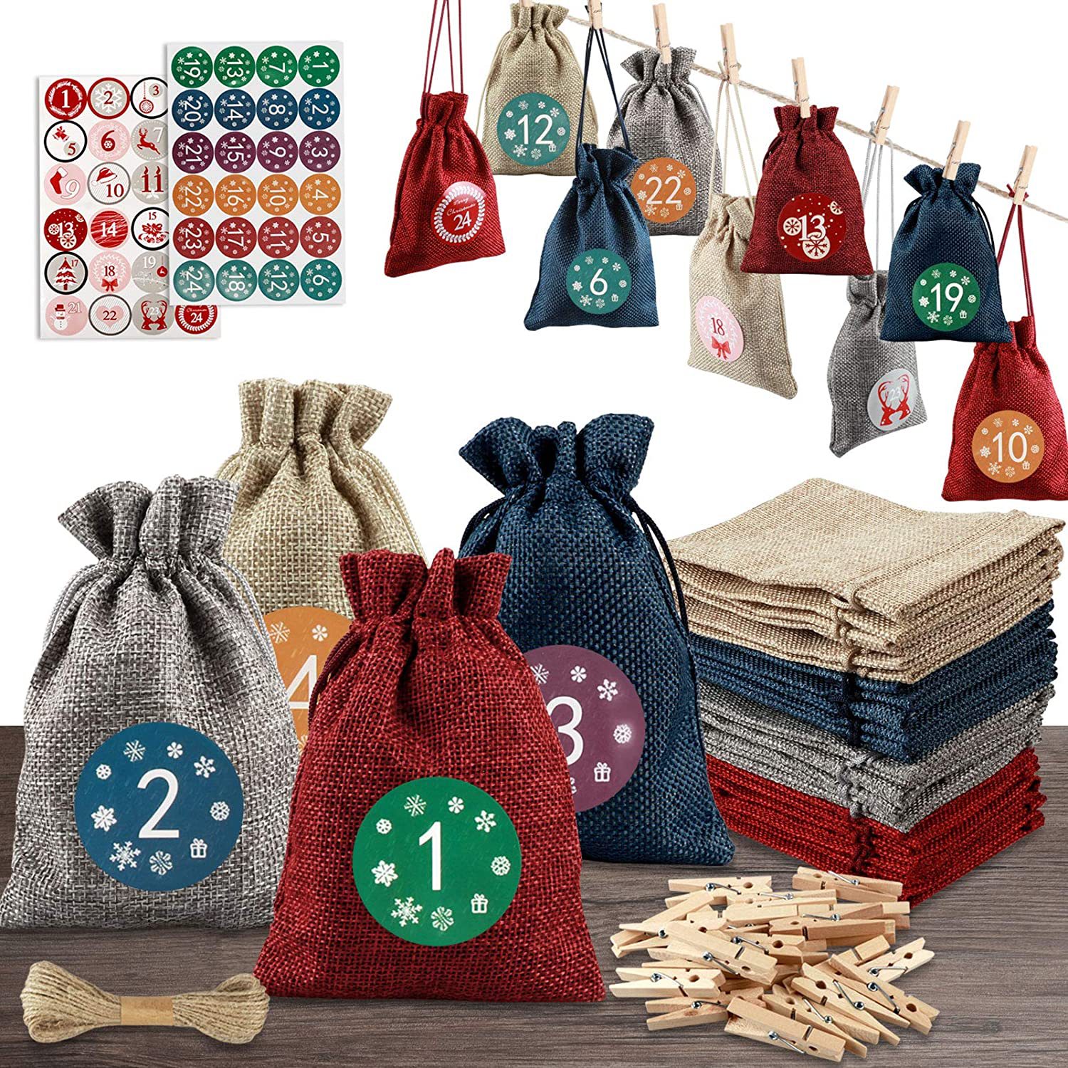 Christmas burlap bag set countdown calendar Christmas coming gift bag with digital stickers DIY decorative bag